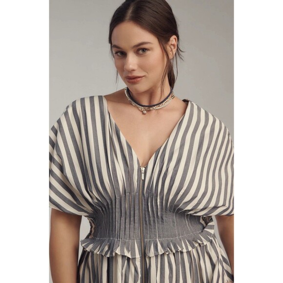 Anthropologie Midi Dress Blue Stripe Zip Front Preppy Retro Boho Vacay XS NWT